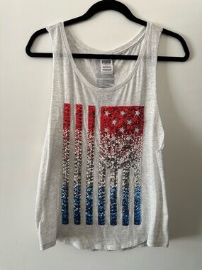 Victoria's Secret PINK Light Gray Tank with Red, White & Blue Sequin Flag